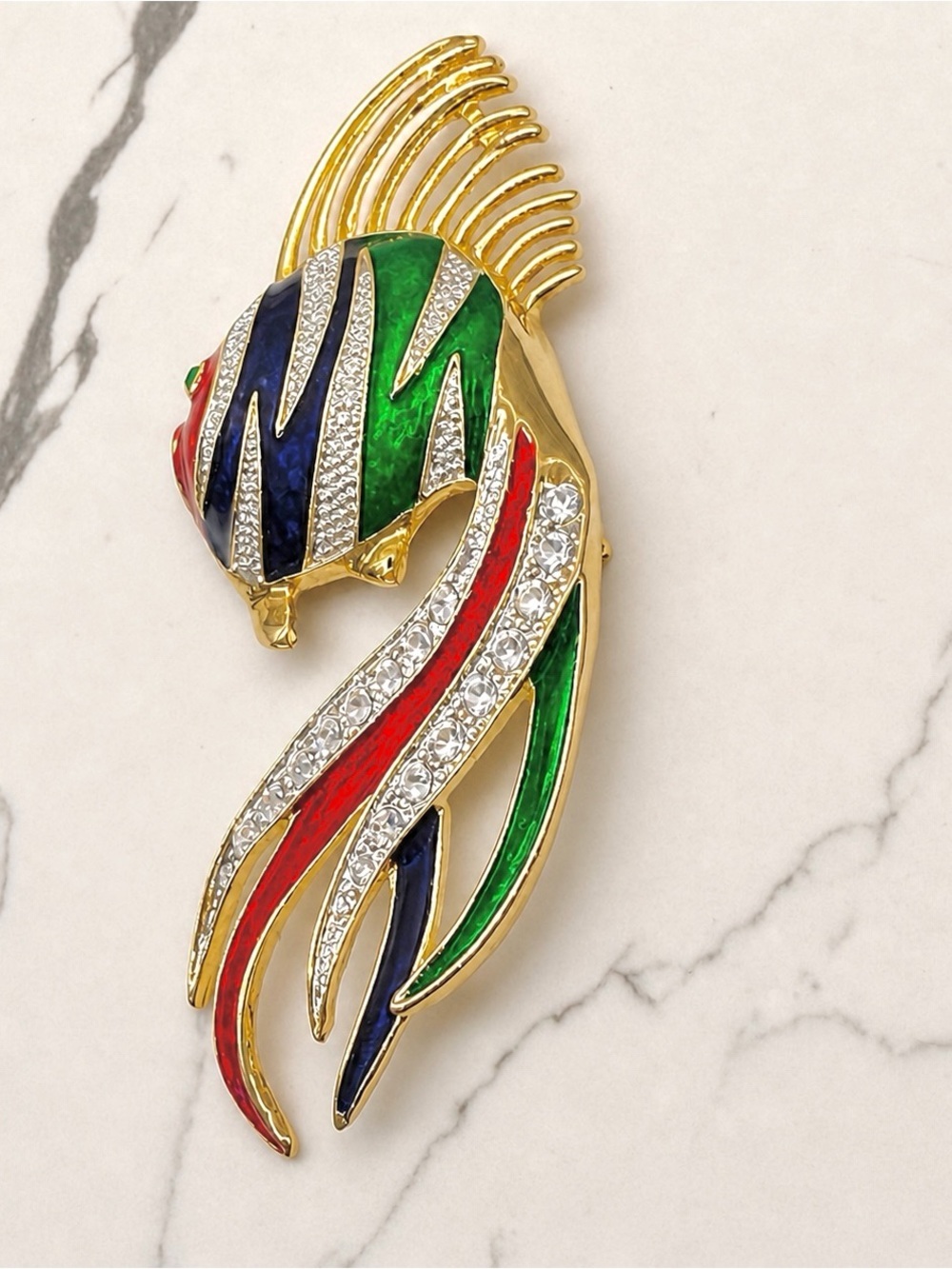 Large Colorful Tropical Fish Brooch Rhinestone Enamel Gold Tone Vintage Pin - Picture 3 of 10